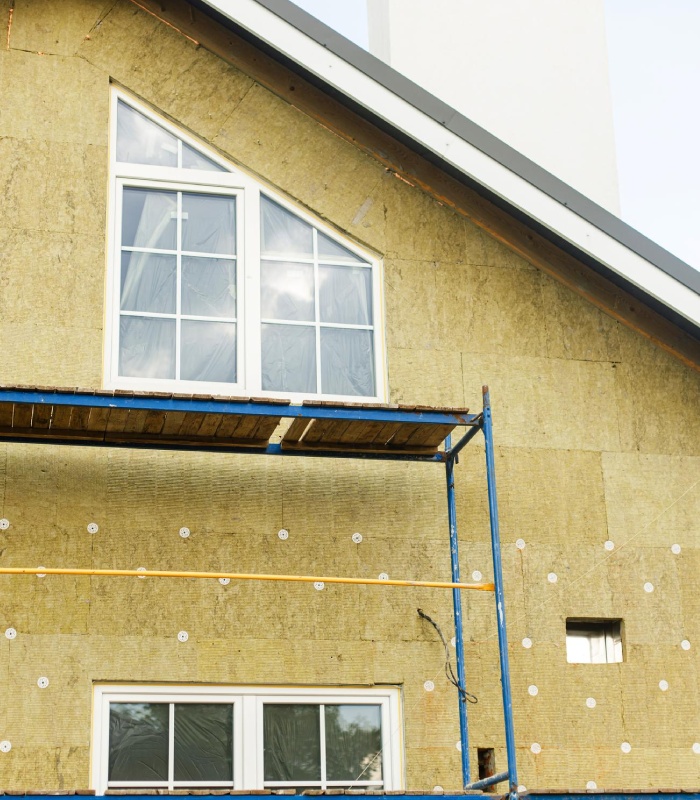 Rénovation de façade avec fixation de laine de roche sur maison en travaux