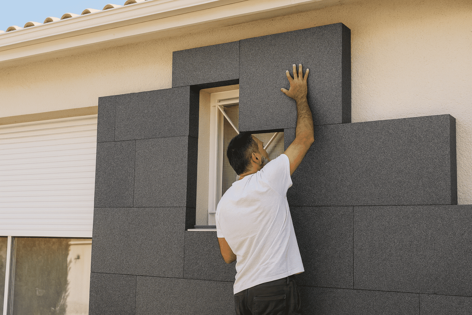 Artisan posant des panneaux isolants en façade dans le cadre d’une isolation thermique par l’extérieur pour améliorer la performance énergétique d’une maison.