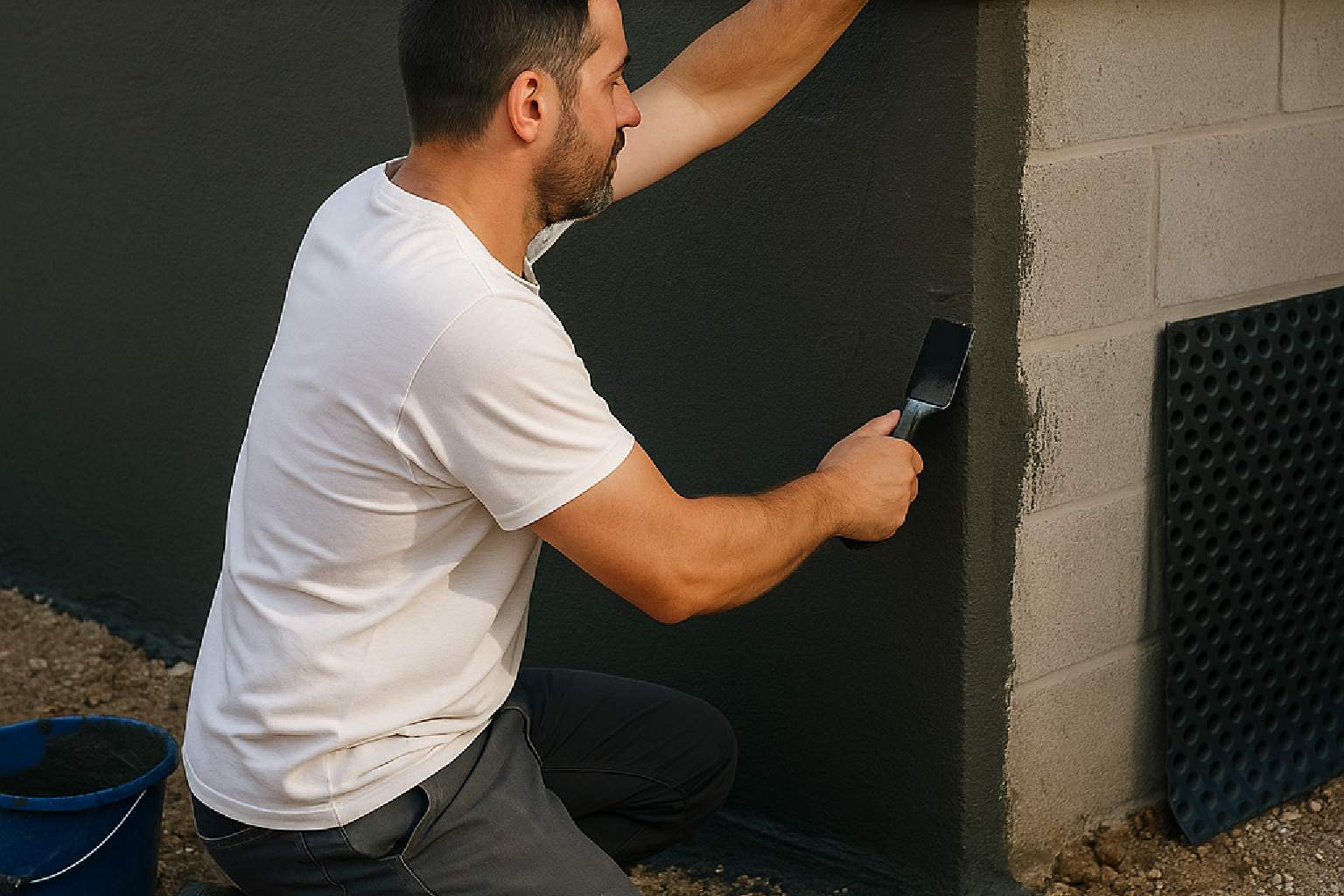 Travaux d’imperméabilisation verticale réalisés sur un mur enterré, avec application d’un revêtement étanche pour protéger la maison des infiltrations d’eau.